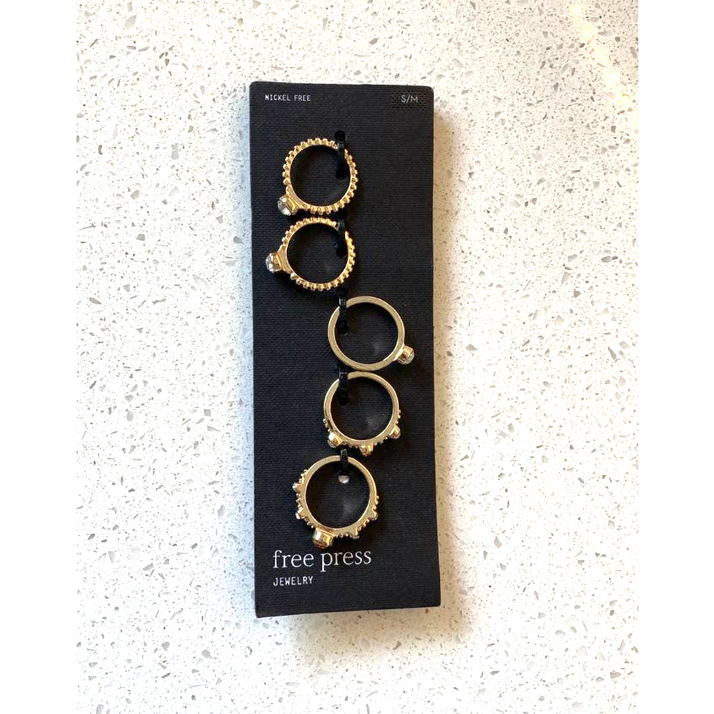 NWT Nordstrom Free Press Gold 5 Piece Ring Set Nickel Free Pink Multi Gold s/m